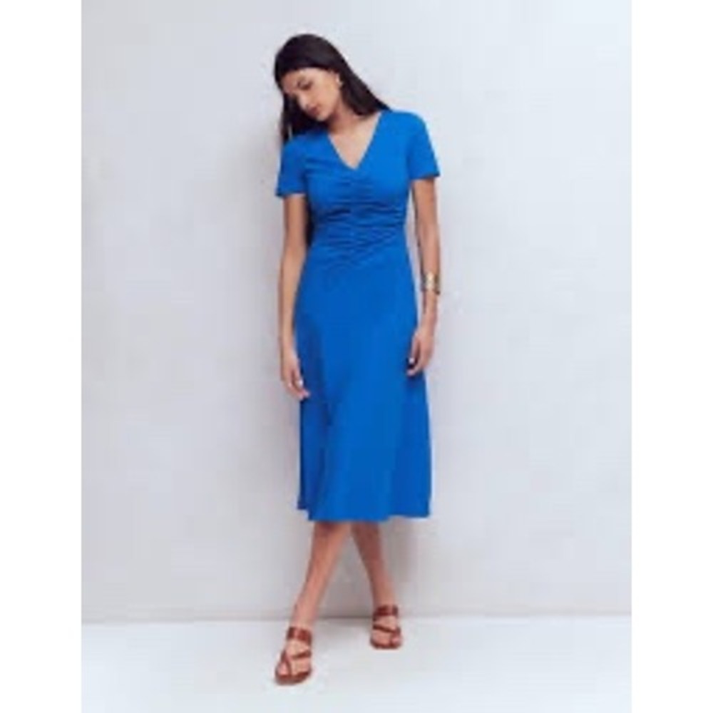 Boden Blue Ruched V-Neck Midi Dress Short Sleeve Jersey US 12 R D1640 NEW